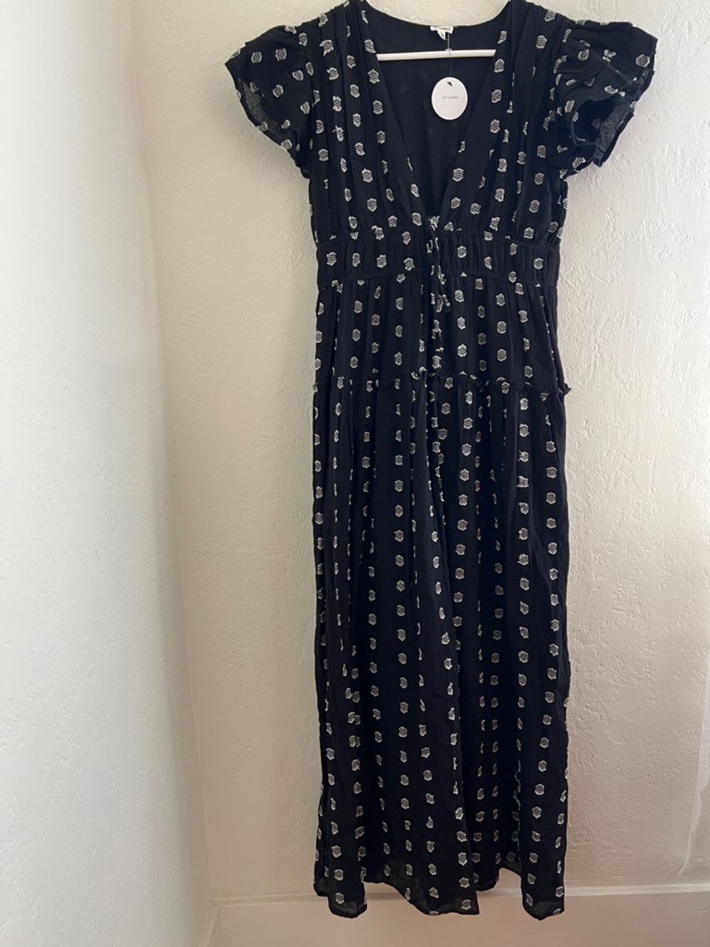NWT En Creme Black Maxi Tier Dress with White Dot Print Large